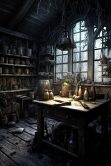 dark laboratory with bubbling potions and witchcraft tools, created with generative ai