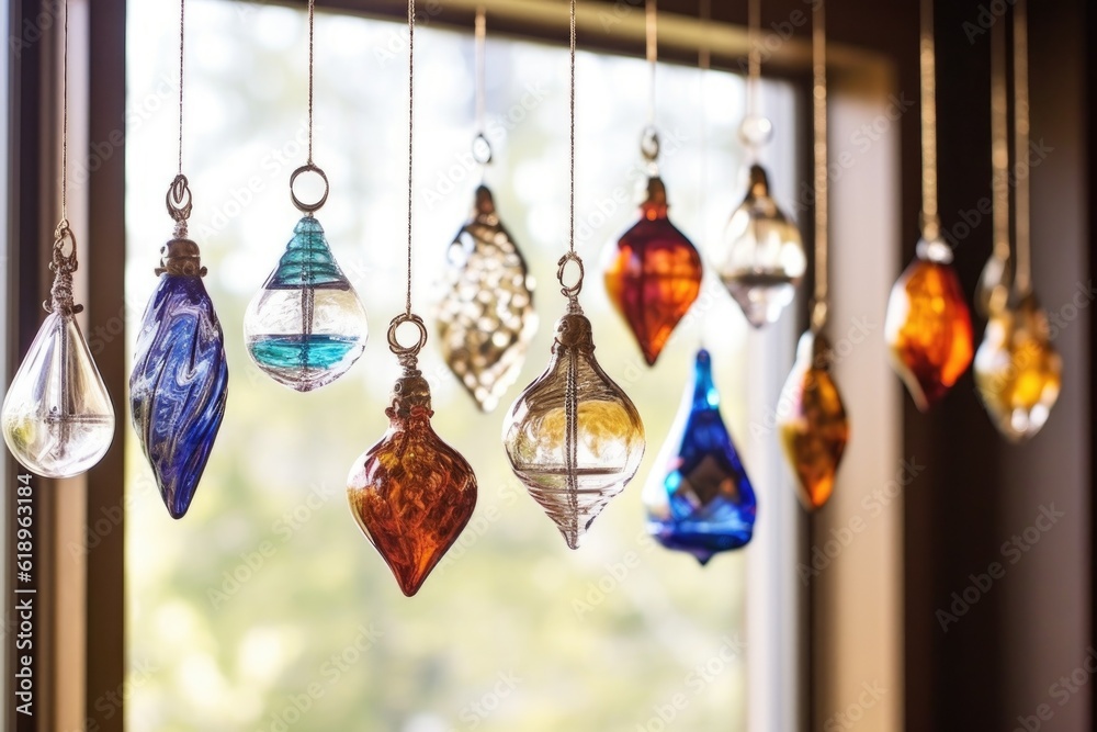 Sticker glass ornaments hanging in natural light, created with generative ai