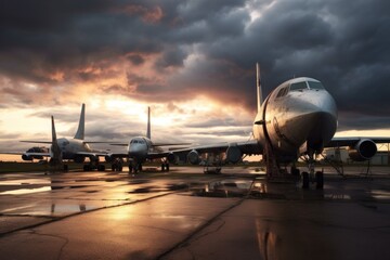decommissioned military jets under a dramatic sky, created with generative ai