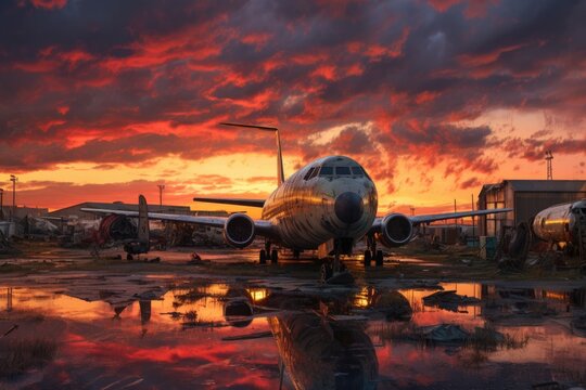dramatic sunset over airplane graveyard landscape, created with generative ai