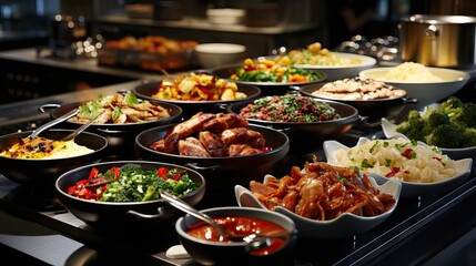A breakfast buffet in a hotel, with a variety of hot and cold dishes. Generative AI.