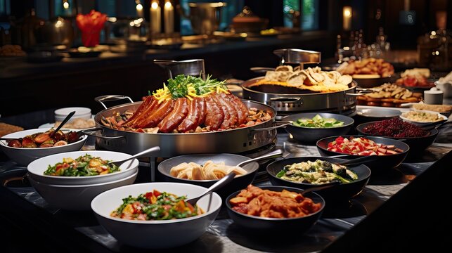 A breakfast buffet in a hotel, with a variety of hot and cold dishes. Generative AI.