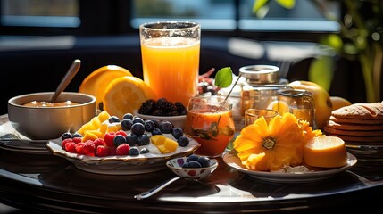 An elegant breakfast tray with a croissant, fresh berries, and a teapot, overlooking a city. Generative AI.