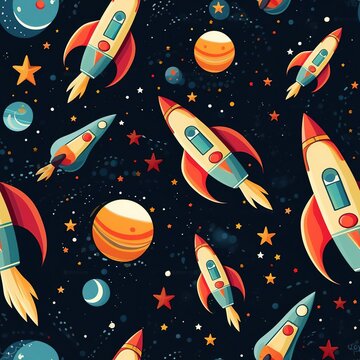 Seamless pattern with space rocket