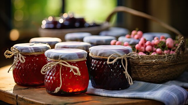 A rustic basket filled with jars of homemade jam, ready for gifting or selling. Generative AI.