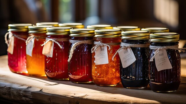 A variety of homemade jams in glass jars, each labeled with handwritten tags. Generative AI.