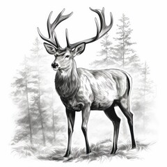 Antlered Deer North America in the forest Illustration black and white 