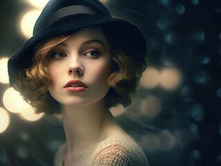 20s 30s 40s European style portrait of a beautiful woman with era correct make up and accessories, generative ai
