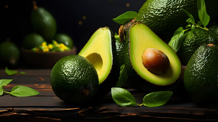 Delicious avocados composition with leafs on wooden table and dark background