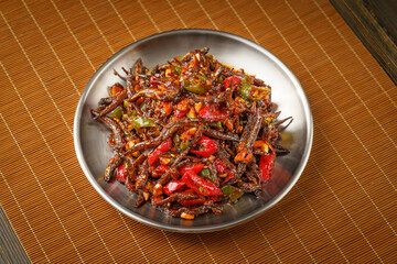 Spicy small whitebait with Northeast local special dish on monochrome background