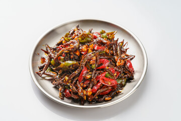 Spicy small whitebait with Northeast local special dish on monochrome background
