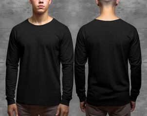 Man wearing a black T-shirt with long sleeves. Front and back view