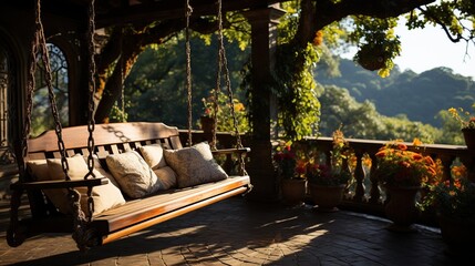 wicker swing under a beautiful tree