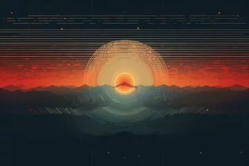 Fotobehang An Artful Screenprint of a Sunrise Rendered in Vector Art, Illustrating the Harmonious Fusion of Nature's Beauty with the Intricacy of the Fibonacci Sequence Created with Generative AI Technology © Pascal