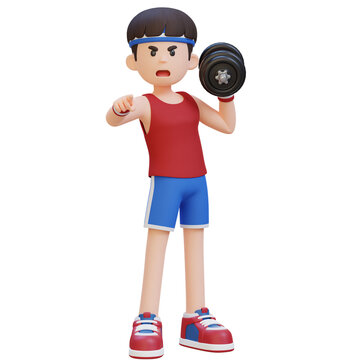 3D Screaming Sportsman Character Engaging Viewers While Holding Dumbbell