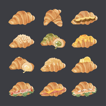 Set of croissant sandwiches in watercolor style vector illustration