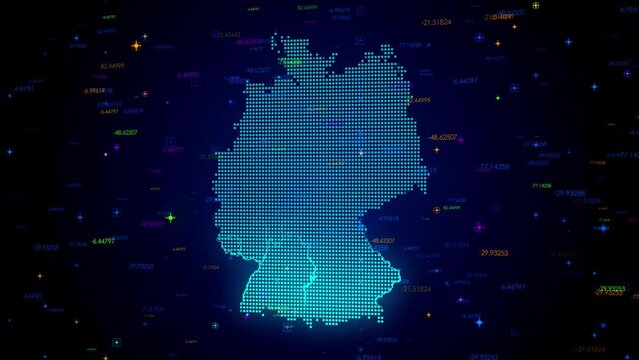 Futuristic Motion View Blue Colorful Shiny Digital Technology Hud Dots Mosaic Grid Germany Map Light Scanning With Numeric Tech Particles Background, Seamless Loop