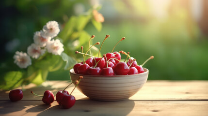 Cherries in a ceramic bowl on a small wooden table. 