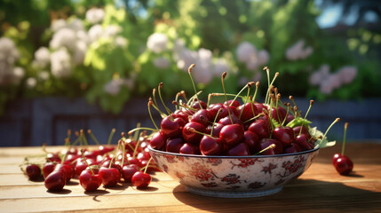 Cherries in a ceramic bowl on a small wooden table. 