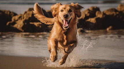 Close up photo of a Golden Retriever dog jumping to the beach