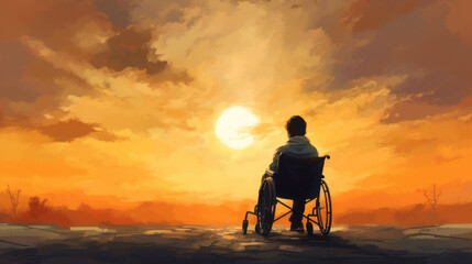 Fototapeta na wymiar man in wheelchair watching sunset
