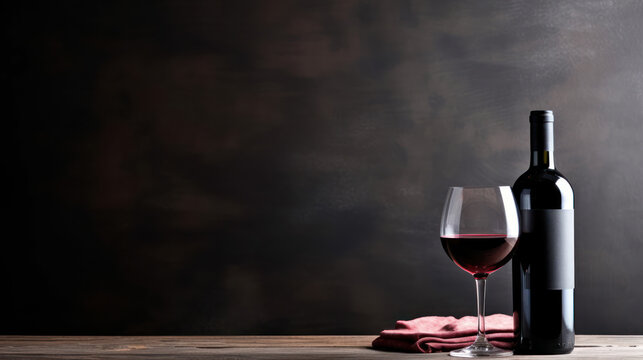 One Wine glasses and a wine bottle, copy space, restaurant background. 