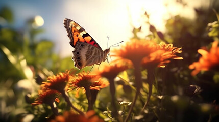 Obraz premium butterfly photo in the woods with colorful flowers, generative ai