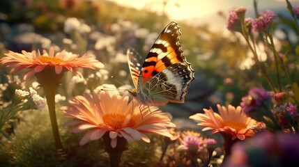 butterfly photo in the woods with flowers, generative ai