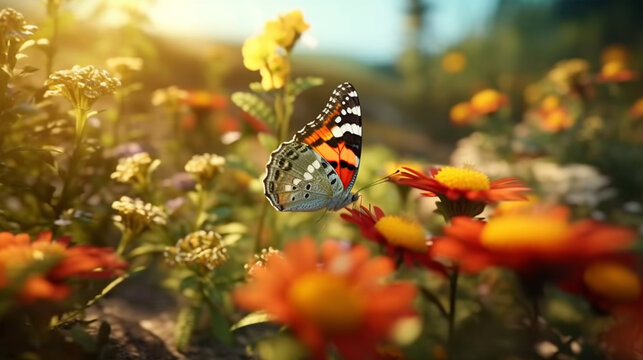 butterfly photo in the garden with flowers, generative ai