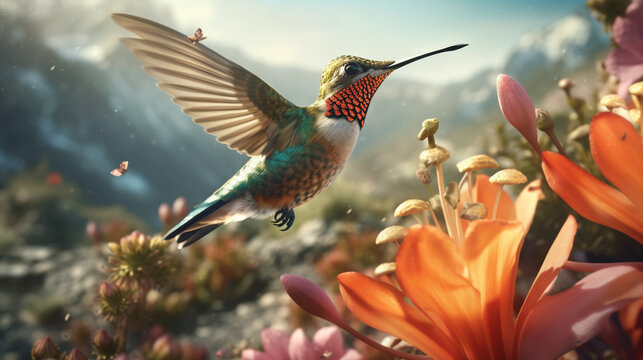 photo of a hummingbird in the garden with flowers, generative ai