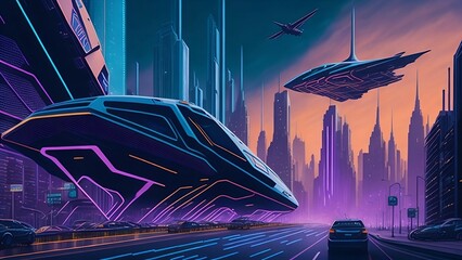 Futuristic Cityscape Flying Cars Holographic Billboards Neon Lights Advanced Architecture Bustling Streets Towering Skyscrapers Elevated Walkways Drones Bustling Crowd