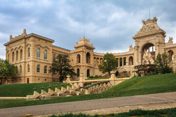 Fountain at Beaux Arts museum, Parc Longchamp, Marseille, France on a cloudy day
