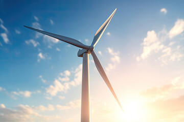 Close-up of wind turbine on blue sky background with shining sun, Generative AI