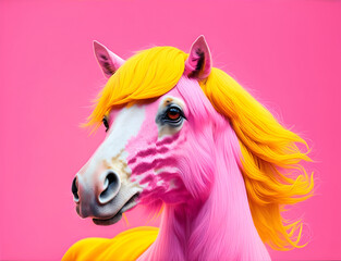 Obraz na płótnie Canvas Pink female horse with yellow hair on pink background
