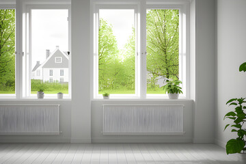 the empty room with green landscape in window interior design sharp