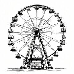Vintage Ferris wheel ink illustration, isolated on white background, black and white art in cross-hatching style, hand drawn art created with generative AI