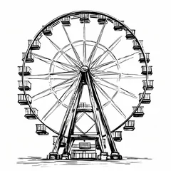 Deurstickers Vintage Ferris wheel ink illustration, isolated on white background, black and white art in cross-hatching style, hand drawn art created with generative AI © Favebrush