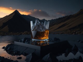 blank Whiskey glass with a small round ice cube in the glass podium mockup in lava stream for product presentation and lava mountain ground background.Generative AI
