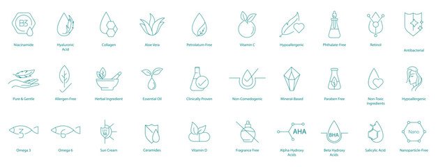 Essential Skincare Icons: Niacinamide, Hyaluronic Acid, Collagen, Aloe Vera, Petroleum-Free, Vitamin C, Retinol, Omega-3, Non-Comedogenic, AHA, Beta Hydroxy Acid, Salicylic Acid, Paraben-Free, Hypoall