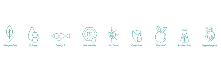 Healthier Skincare Choices: Vector Icons for Allergen-Free, Collagen, Omega-3, Niacinamide, and More