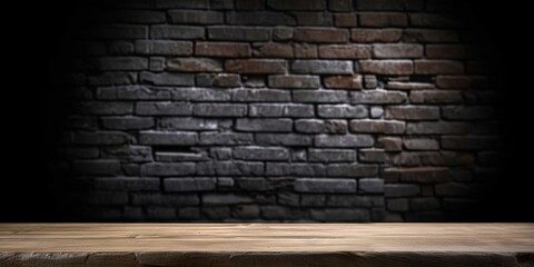 Selected focus empty brown wooden table and wall texture or old black brick wall blur background image. for your photomontage or product display. ai generative