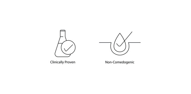Clinically proven,
Non comedogenic icons vector illustration