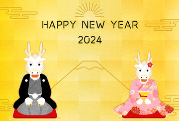 Obraz premium 2024年辰年の和風年賀状、着物の辰（龍・竜）と富士山の背景