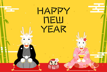 2024年辰年の和風年賀状、着物の辰（龍・竜）と竹の背景