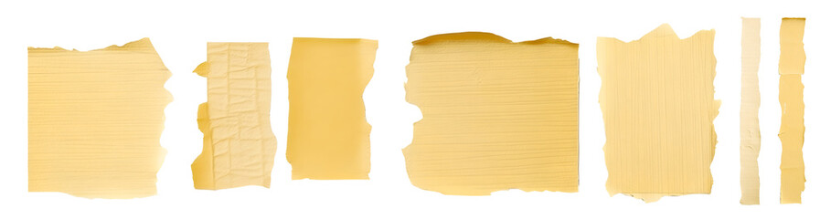 Stripes of light ripped yellow textured adhesive kraft paper masking tape on transparent background cutout, PNG file. Mockup template for artwork design. Many different size and length

