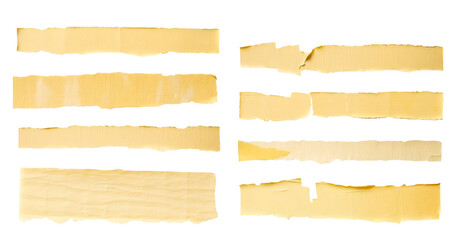 Stripes of light ripped yellow textured adhesive kraft paper masking tape on transparent background cutout, PNG file. Mockup template for artwork design. Many different size and length

