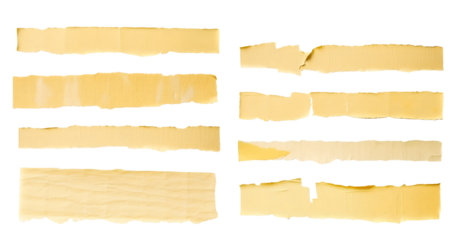 Stripes of light ripped yellow textured adhesive kraft paper masking tape on transparent background cutout, PNG file. Mockup template for artwork design. Many different size and length

