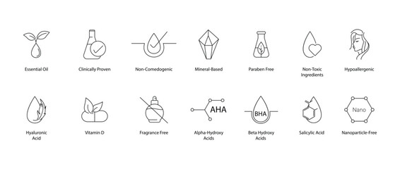 Essential oil,
Clinically proven,
Non-comedogenic,
Mineral based,
Toxic free,
Paraben free,
Hypoallergenic,
Hyaluronic acid,
Vitamin D,
Fragrance free,
Alpha Hydroxy Acid,
Salicylic acid icons vector