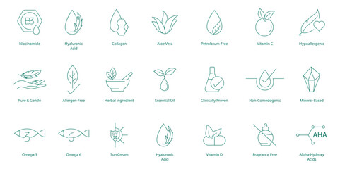 Niacinamide,
Hyaluronic acid,
Collagen,
aloe vera, 
Petroleum-free,
Vitamin C,
Retinol,
Omega-3,
Non-comedogenic,
AHA
Beta hydroxy acid,
Salicylic acid,
No paraben,
Hypoallergenic icons