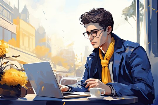 digital painting of a man with a laptop doing work at desk. cityscapes background. Work frome home. Work from Anywhere